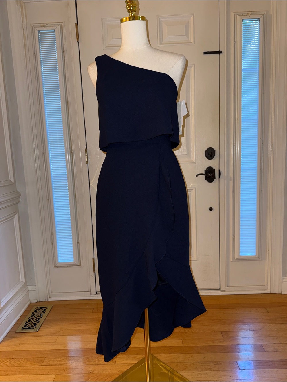 Aqua One-Shoulder Navy Ruffle Midi Dress